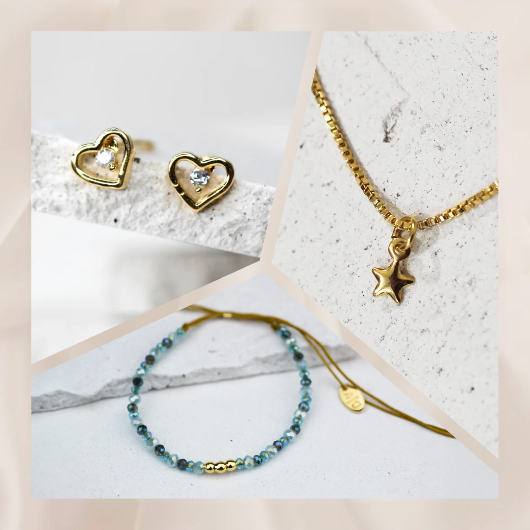 Collar BB Mini Stella + Aros Corazón Circón + Pulsera Tripunto
